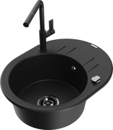 Mexen Kevin granite kitchen sink 1-bowl with drainer and Flora kitchen faucet, black - 6517-77-670401-70-B