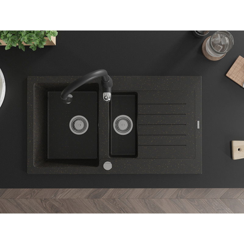 Mexen Matias granite sink 1.5-bowl with drainer and Savita kitchen tap, black/gold - 6502-75-672601-70