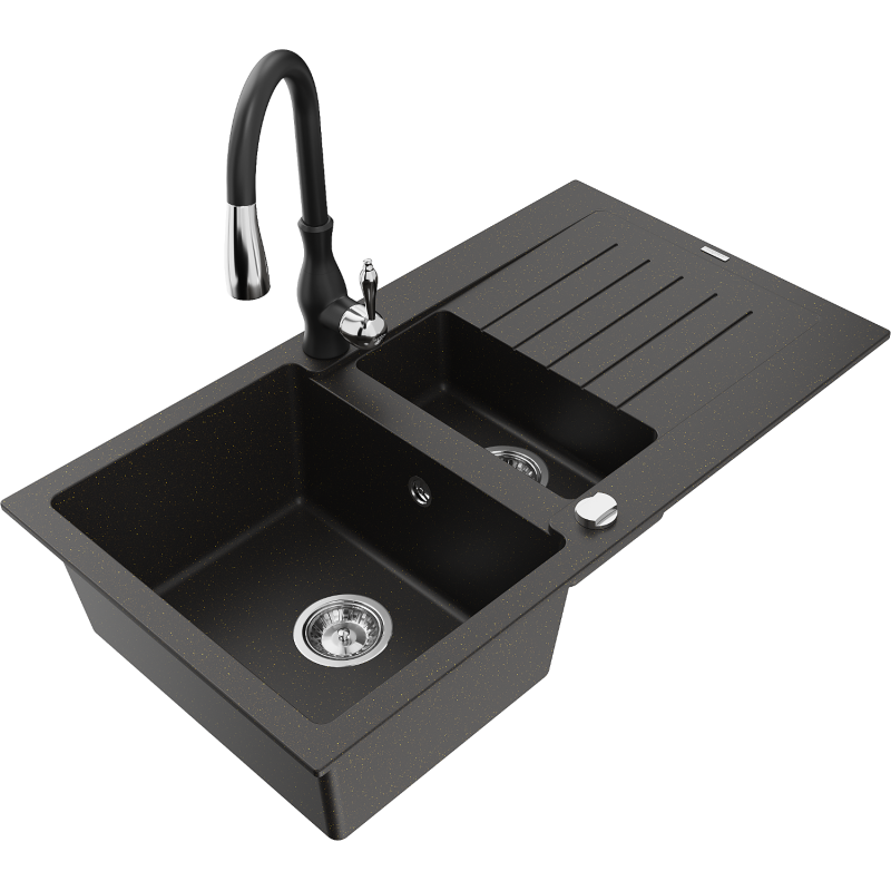 Mexen Matias fregadero de granito de 1,5 tazones con escurridor y grifo de cocina Savita, negro/dorado - 6502-75-672601-70