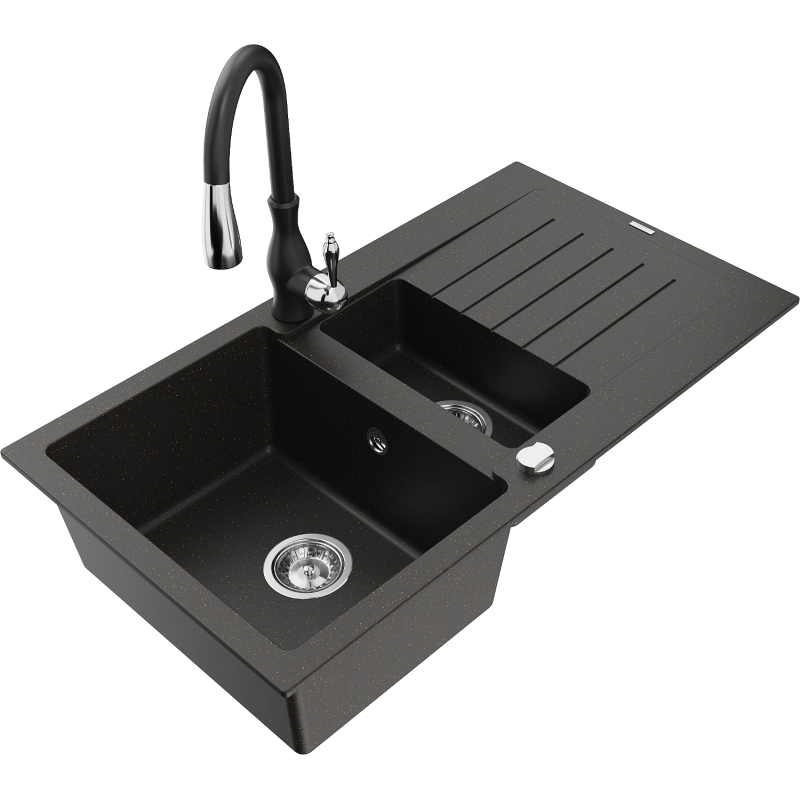 Mexen Matias lava-louça em granito de 1,5 compartimentos com escorredor e torneira de cozinha Savita, preto/dourado