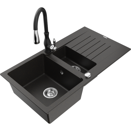 Mexen Matias granite sink 1.5-bowl with drainer and Savita kitchen tap, black/gold - 6502-75-672601-70
