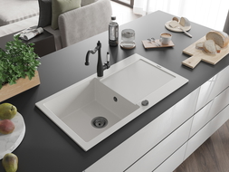 Mexen Leo fregadero de granito de 1 cubeta con escurridor y grifo de cocina Carla, blanco - 6501-20-670700-70