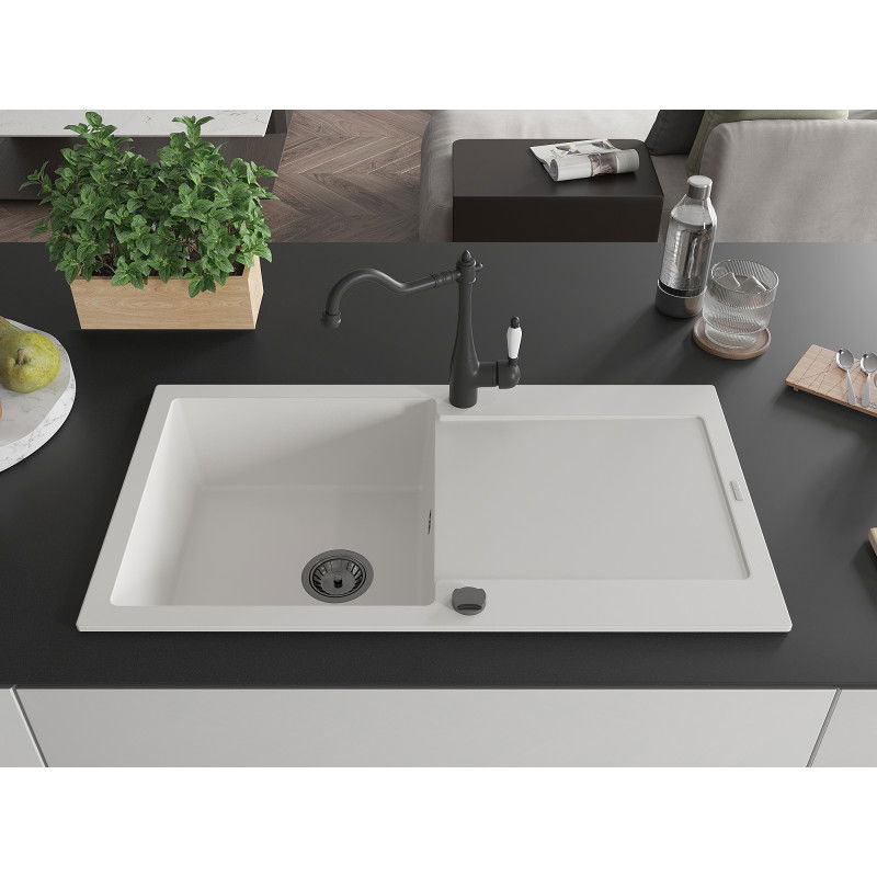 Mexen Leo granite kitchen sink single-bowl with drainer and Carla kitchen faucet, white - 6501-20-670700-70