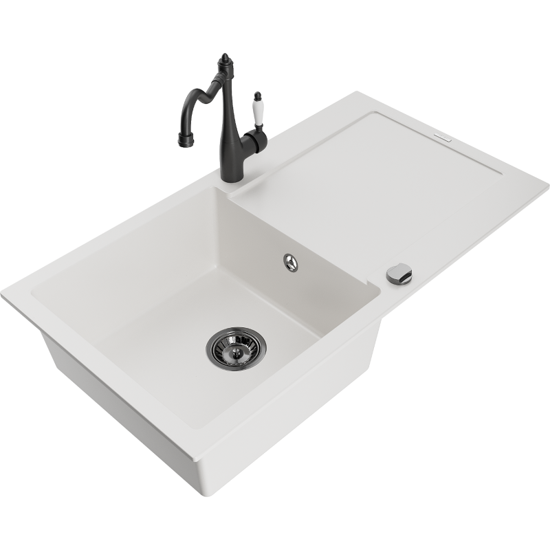 Mexen Leo granite kitchen sink single-bowl with drainer and Carla kitchen faucet, white - 6501-20-670700-70