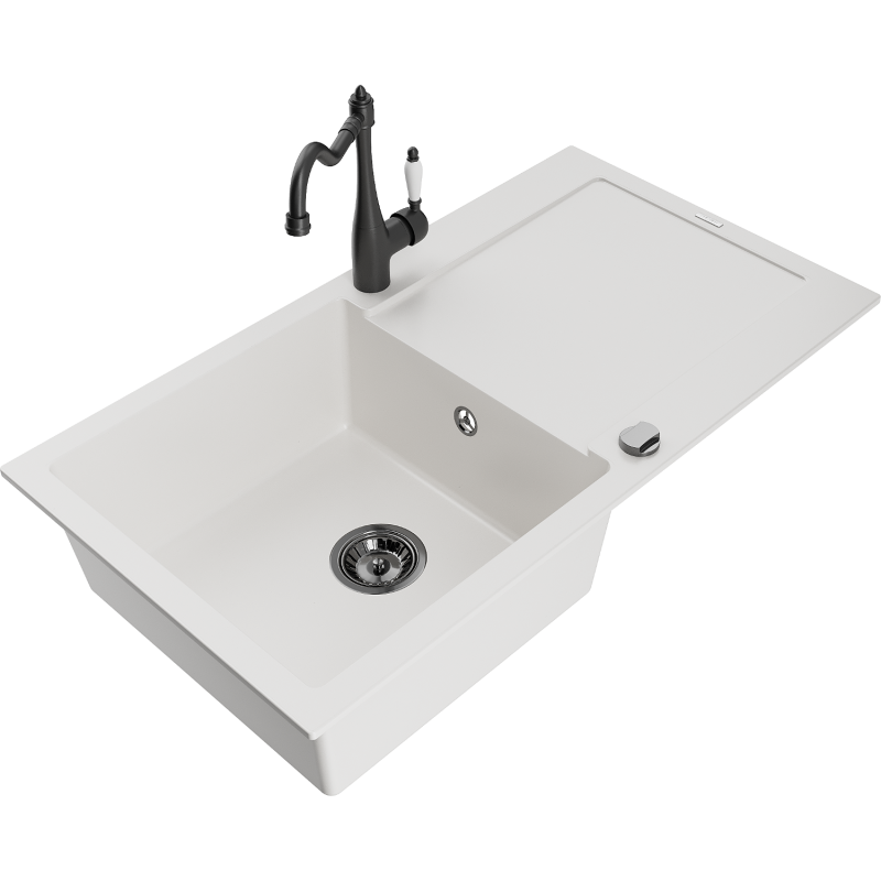 Mexen Leo lava-loiça de granito de 1 cuba com escorredor e torneira de cozinha Carla, branco - 6501-20-670700-70