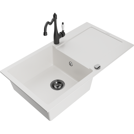 Mexen Leo fregadero de granito de 1 cubeta con escurridor y grifo de cocina Carla, blanco - 6501-20-670700-70