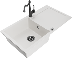 Mexen Leo lavello in granito con 1 vasca con scolapiatti e rubinetto da cucina Carla, bianco - 6501-20-670700-70