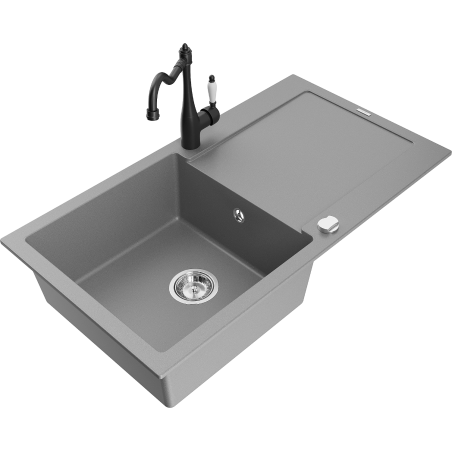 Mexen Leo granite kitchen sink 1-bowl with drainer and Carla kitchen tap, grey - 6501-71-670700-70