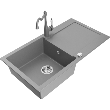 Mexen Leo 1-bowl granite sink with drainer and kitchen faucet Carla, gray - 6501-71-670700-71