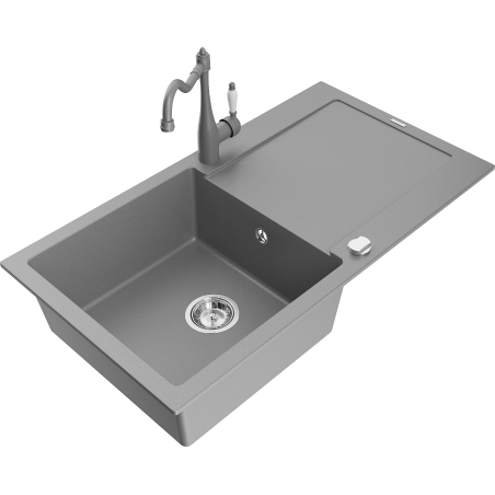 Mexen Leo granite sink 1-bowl with drainer and Carla kitchen tap, grey - 6501-71-670700-71