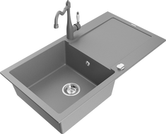 Mexen Leo fregadero de cocina de granito de 1 seno con escurridor y grifo de cocina Carla, gris - 6501-71-670700-71
