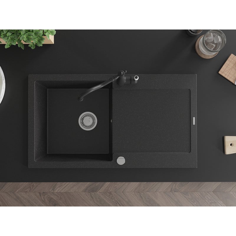 Mexen Leo lava-loiça de granito com 1 cuba e escorredor e misturadora Carla, preto/metálico prateado - 6501-73-670700-70