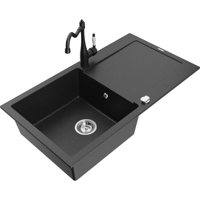Mexen Leo 1-kompartment granieten gootsteen met afdruiprek en keukenkraan Carla, zwart/zilver metallic - 6501-73-670700-70