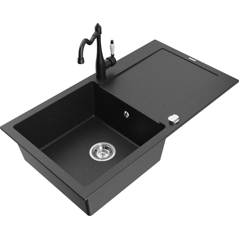 Mexen Leo graniittinen 1-allas tiskiallas kuivaustelineellä ja keittiöhanalla, Carla, musta/hopea metalli - 6501-73-670700-70