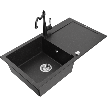 Mexen Leo 1-kompartment granieten gootsteen met afdruiprek en keukenkraan Carla, zwart/zilver metallic - 6501-73-670700-70