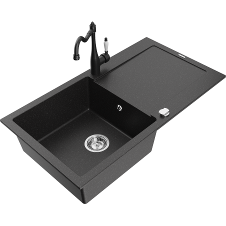 Mexen Leo granitais izlietne ar vienu nodalījumu, notekas un virtuves jaucējkrāns Carla, melns/sudraba metāliks