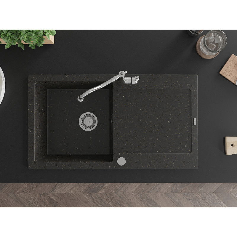 Mexen Leo granite kitchen sink 1-bowl with drainer and kitchen tap Carla, black/gold metallic - 6501-75-670700-00