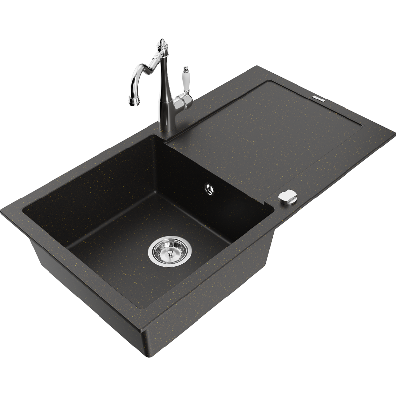 Mexen Leo granite kitchen sink 1-bowl with drainer and kitchen tap Carla, black/gold metallic - 6501-75-670700-00