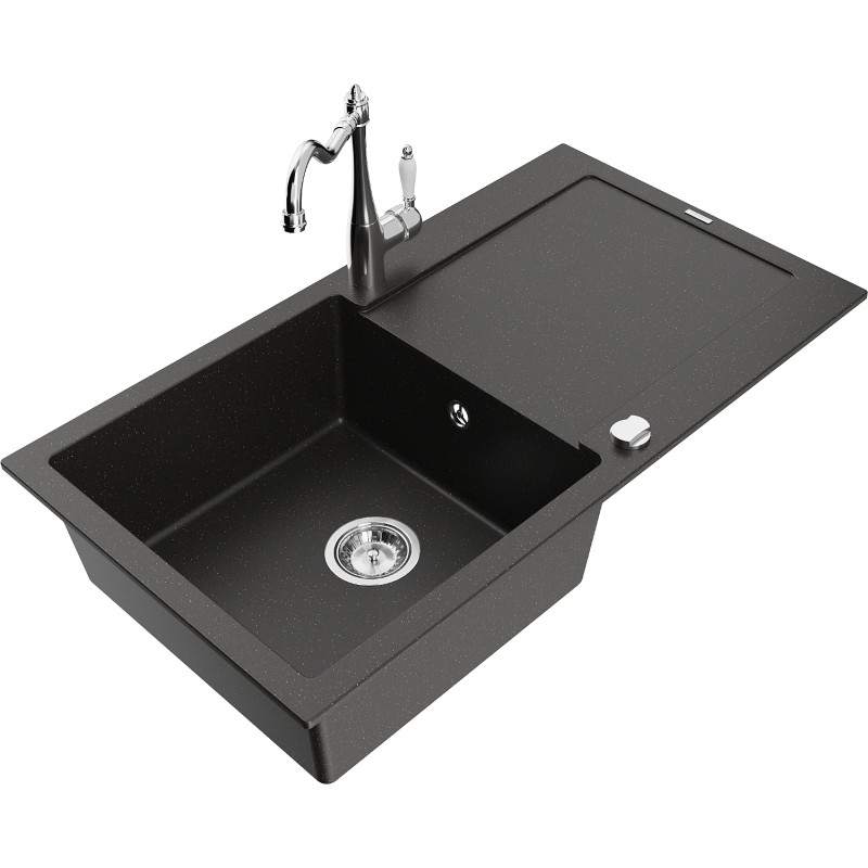 Mexen Leo granitische spoelbak 1-kompartment met afdruiprek en keukenmengkraan Carla, zwart/gouden metallic - 6501-75-670700-00