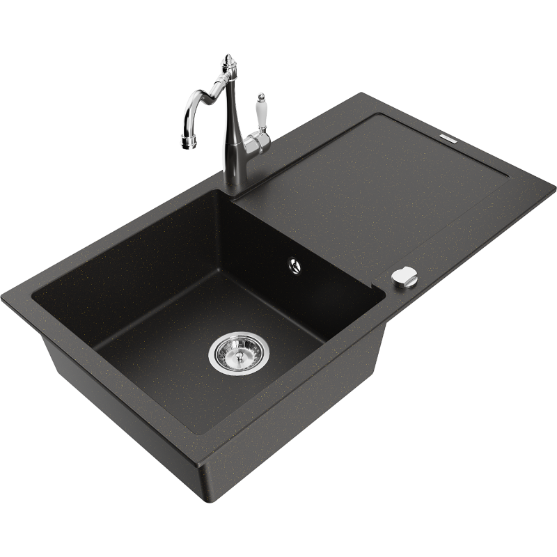 Mexen Leo lava-loiça de granito de uma cuba com escorredor e torneira de cozinha Carla, preto/dourado metálico