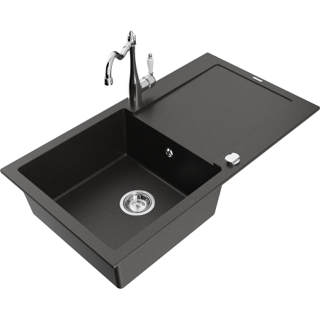 Mexen Leo granieten spoelbak 1-kompartyment met afdruiprek en keukenkraan Carla, zwart/goud metallic - 6501-75-670700-00