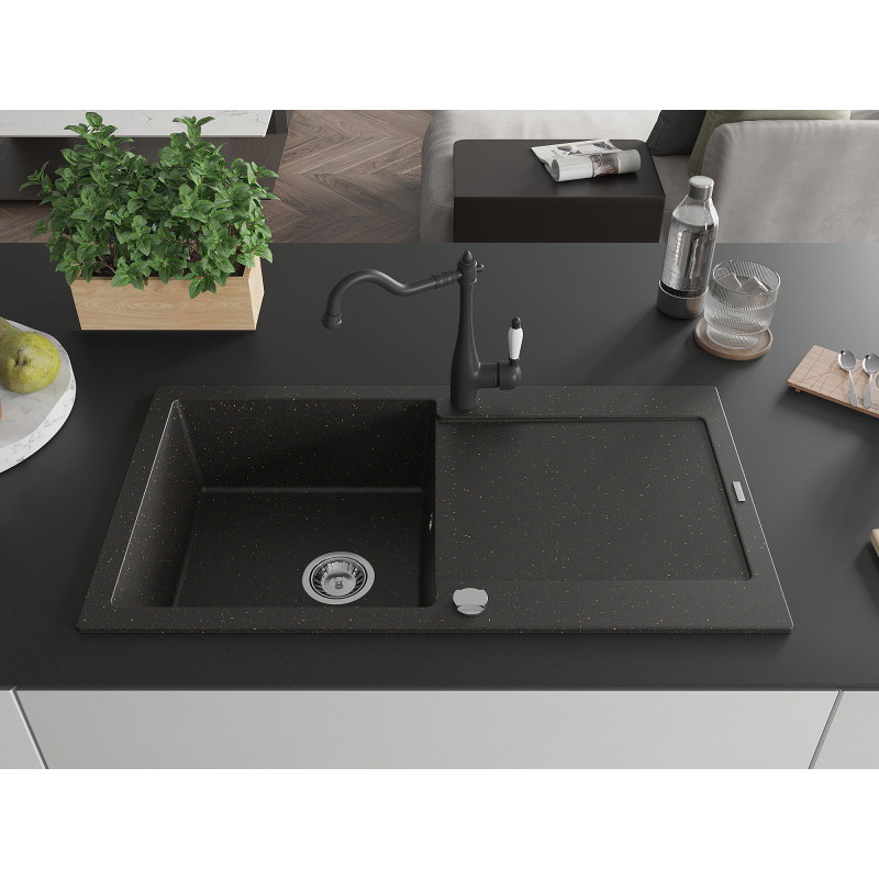 Mexen Leo granit gootsteen 1-kamerig met druiprek en keukenmengkraan Carla, zwart/goud metallic - 6501-75-670700-70