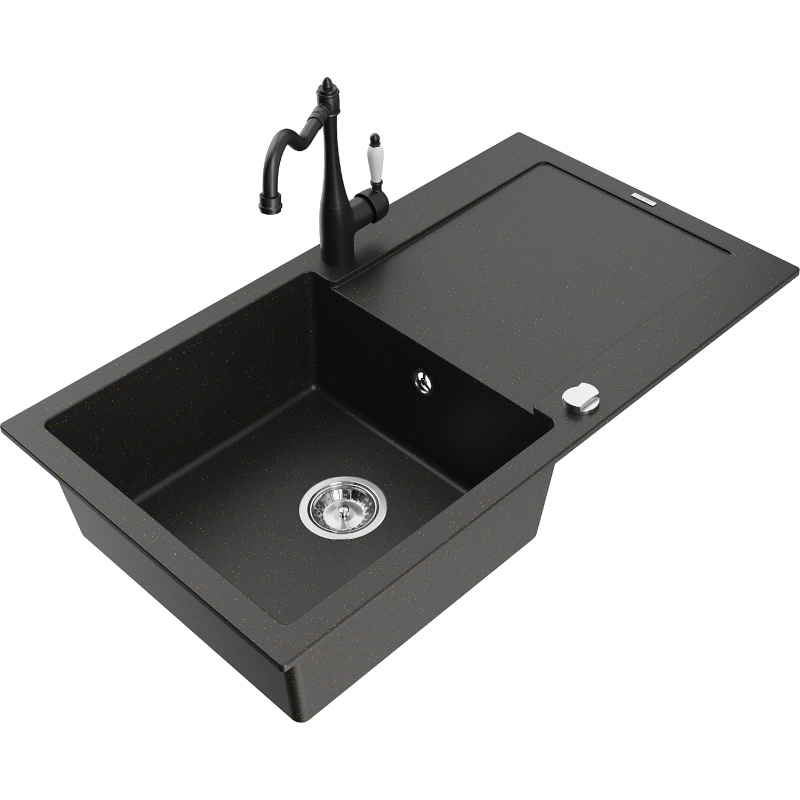 Mexen Leo granite sink with 1 basin, drainer and Carla kitchen tap, black/gold metallic - 6501-75-670700-70