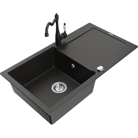 Mexen Leo granite sink with 1 basin, drainer and Carla kitchen tap, black/gold metallic - 6501-75-670700-70