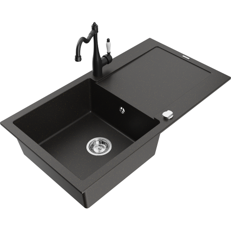 Mexen Leo granitizlietne ar vienu kameru ar noteku un virtuves jaucējkrānu Carla, melns/zeltains metālisks