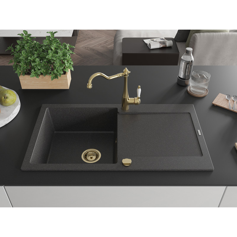 Mexen Leo fregadero de granito de 1 seno con escurridor y grifo de cocina Carla, negro jaspeado - 6501-76-670700-50