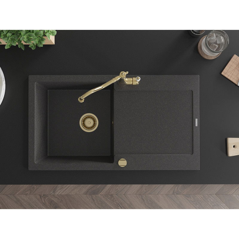 Mexen Leo fregadero de granito de 1 cubeta con escurridor y grifo de cocina Carla, negro moteado - 6501-76-670700-50