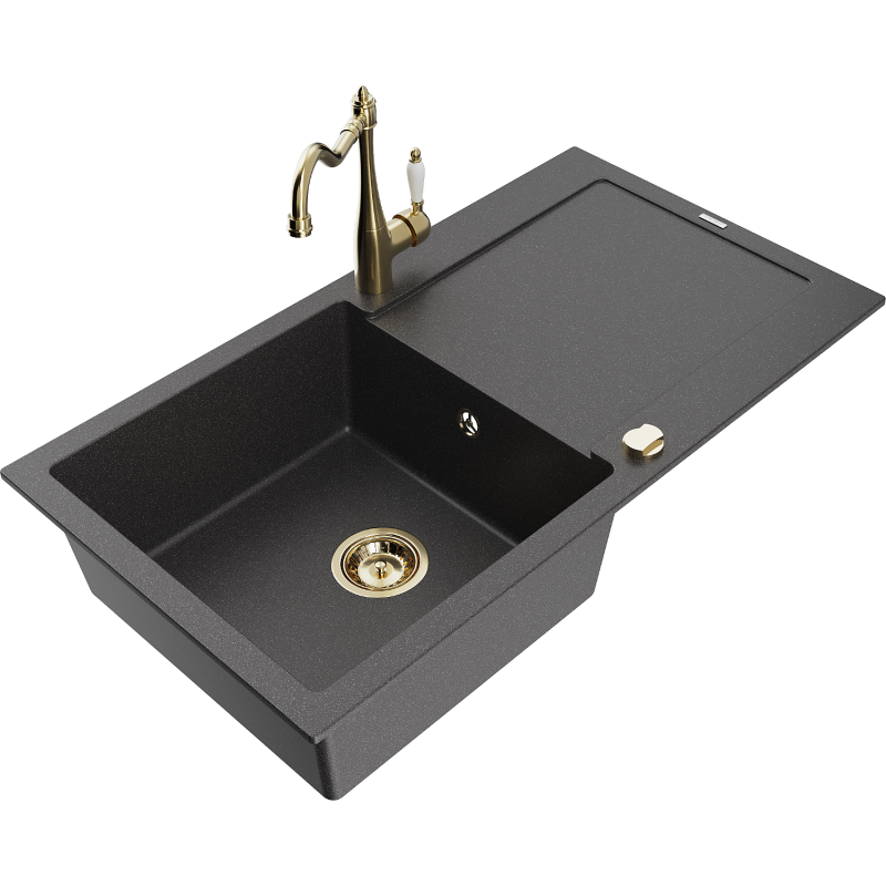Mexen Leo 1-bowl granite sink with drainer and Carla kitchen tap, black speckled - 6501-76-670700-50