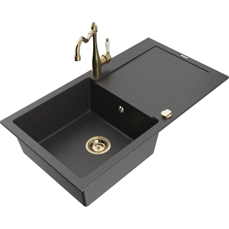Mexen Leo 1-bowl granite sink with drainer and Carla kitchen tap, black speckled - 6501-76-670700-50