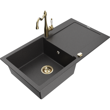 Mexen Leo granite kitchen sink 1-bowl with drainer and kitchen faucet Carla, speckled black - 6501-76-670700-50