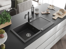 Mexen Leo fregadero de granito de 1 cubeta con escurridor y grifo de cocina Carla, negro moteado - 6501-76-670700-70