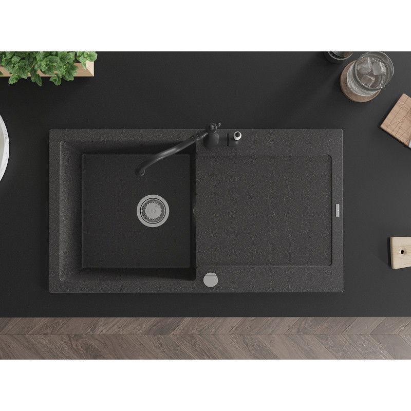 Mexen Leo fregadero de granito 1-cubeta con escurridor y grifo de cocina Carla, negro moteado - 6501-76-670700-70