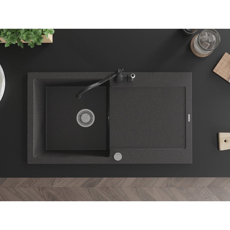 Mexen Leo lava-louça em granito de 1 cuba com escorredor e torneira de cozinha Carla, preto salpicado - 6501-76-670700-70