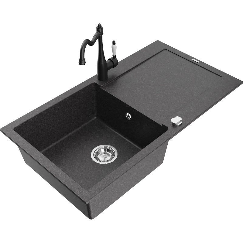 Mexen Leo 1-Basin Granite Sink with Drainer and Carla Kitchen Tap, Speckled Black - 6501-76-670700-70