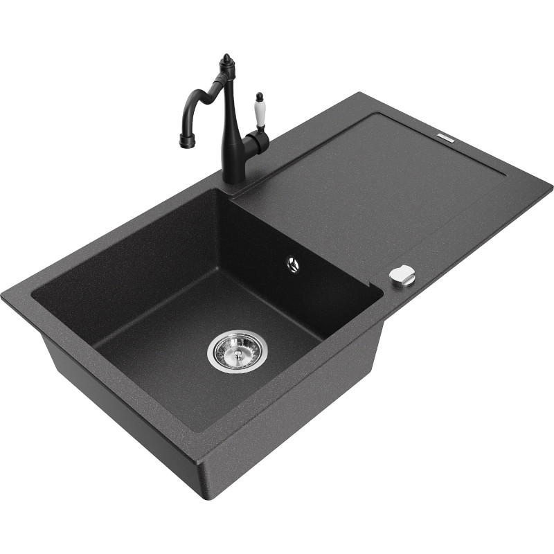Mexen Leo fregadero de granito de 1 cubeta con escurridor y grifo de cocina Carla, negro moteado - 6501-76-670700-70