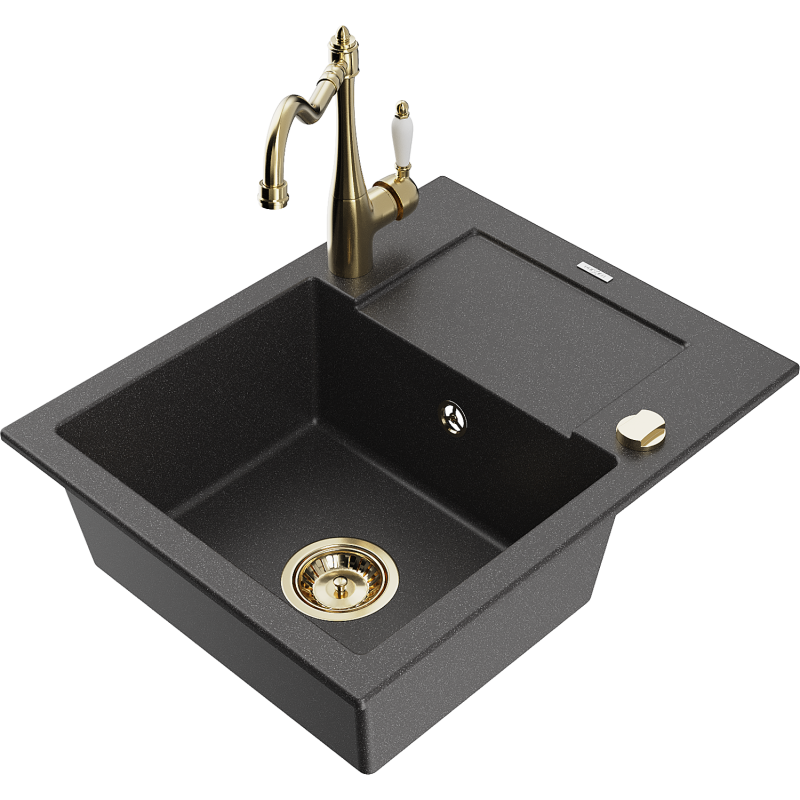 Mexen Enzo fregadero de granito de 1 seno con escurridor y grifo de cocina Carla, negro moteado - 6506-76-670700-50