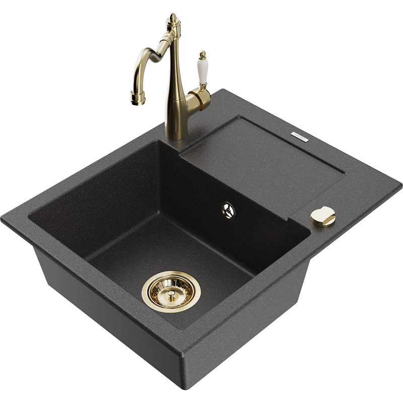 Mexen Enzo granite kitchen sink 1-bowl with drainer and Carla kitchen faucet, black speckled - 6506-76-670700-50