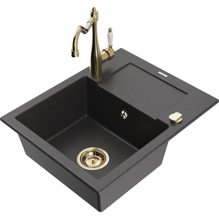 Mexen Enzo fregadero de granito de 1 seno con escurridor y grifo de cocina Carla, negro moteado - 6506-76-670700-50
