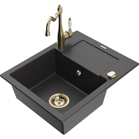 Mexen Enzo Granitspüle, ein Becken mit Abtropffläche und Küchenarmatur Carla, schwarz gesprenkelt - 6506-76-670700-50