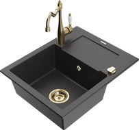 Mexen Enzo granite kitchen sink 1-bowl with drainer and Carla kitchen faucet, black speckled - 6506-76-670700-50