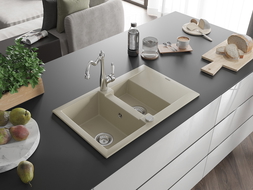 Mexen Gaspar 1.5-bowl granite kitchen sink with drainer and Carla kitchen tap, beige - 6507-69-670700-00