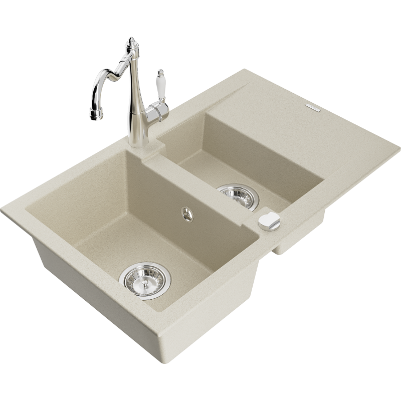 Mexen Gaspar fregadero de granito de 1,5 senos con escurridor y grifo de cocina Carla, beige - 6507-69-670700-00