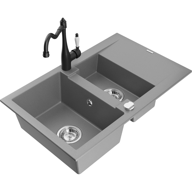 Mexen Gaspar fregadero de granito de 1,5 cubetas con escurridor y grifo de cocina Carla, gris - 6507-71-670700-70