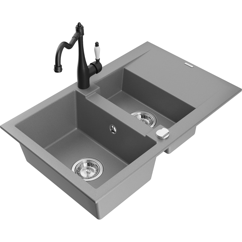 Mexen Gaspar granite sink 1.5-bowl with drainer and Carla kitchen tap, grey - 6507-71-670700-70