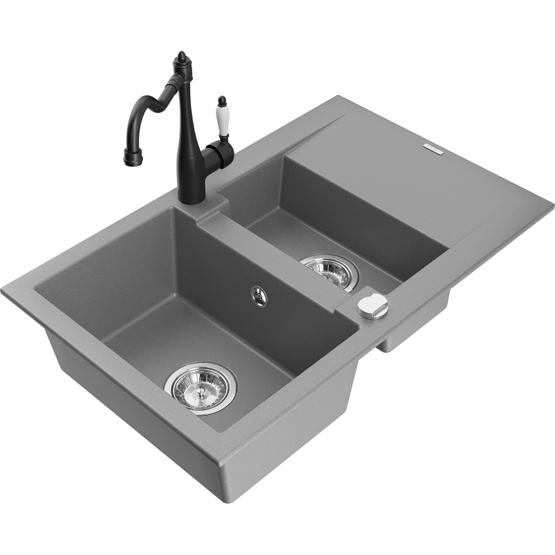 Mexen Gaspar lava-loiça de granito 1,5-cuba com escorredor e misturadora de cozinha Carla, cinza - 6507-71-670700-70