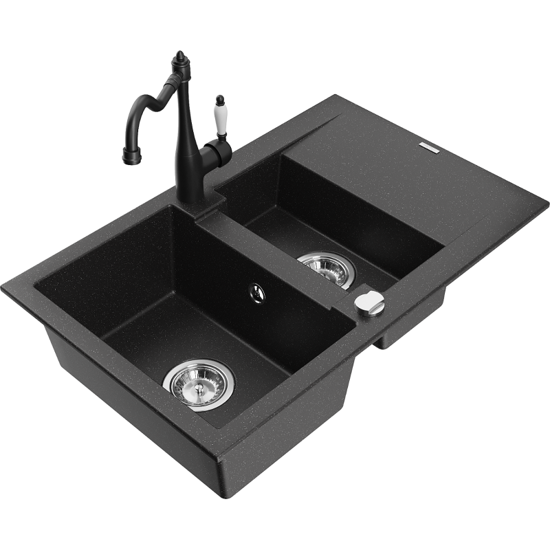 Mexen Gaspar granīta izlietne, 1,5 nodalījuma, ar noteces plati un virtuves jaucējkrānu Carla, melns/sudraba metālika